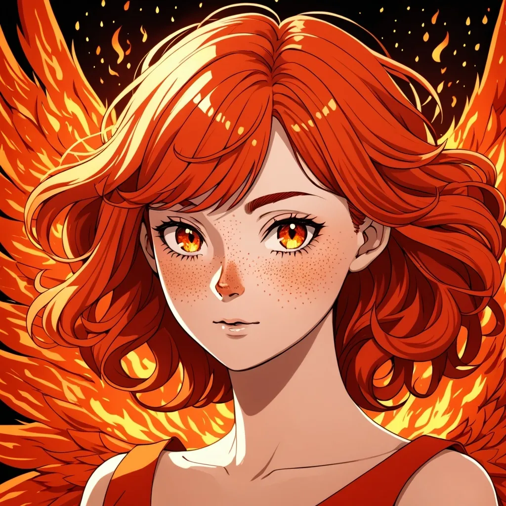 Prompt: anime style, fair skinned woman, in her 20's,  very beautiful, orange eyes, short red hair that resembles fire, big beautiful orange wings that resembles fire, kind expression, long beautiful red dress that resembles fire, freckles on her face