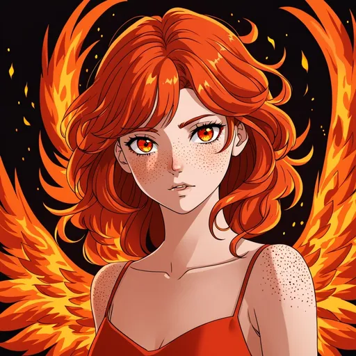 Prompt: anime style, fair skinned woman, in her 20's,  very beautiful, orange eyes, short red hair that resembles fire, big beautiful orange wings that resembles fire, kind expression, long beautiful red dress that resembles fire, freckles on her face