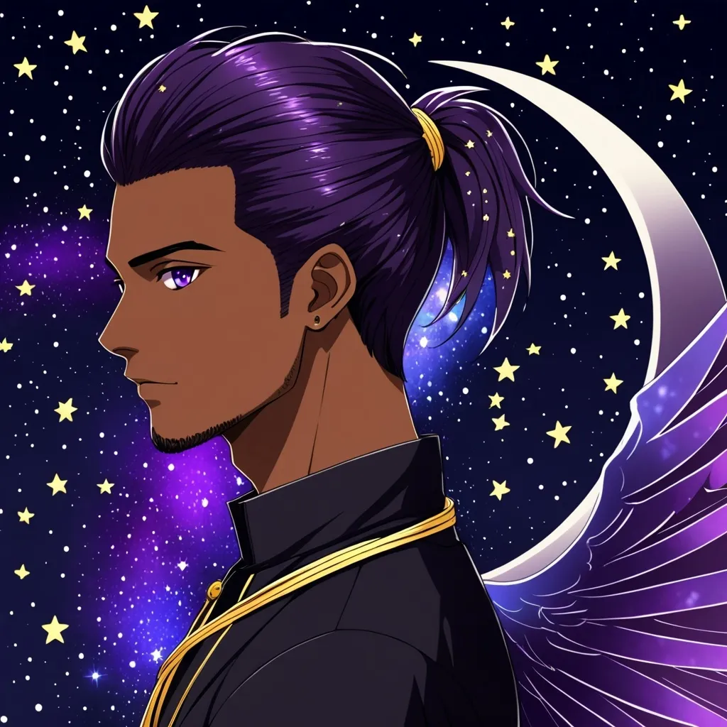 Prompt: anime style, medium dark skinned man, in his 20's, very handsome, dark purple eyes which appear to have stars in them, long very dark purple hair which appear to have stars  in them tied in a ponytail, big beautiful wings which are a beautiful mix of black and purple (looks sort of like space) which appear to have stars in them, a crescent moon shaped ornament in his hair which acts like a rubberband holding his ponytail, no beard