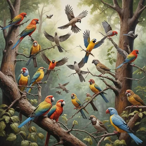 Prompt: Realism, birds sitting on trees in a forest, chirping, swooping down to the forest floor, happy, flying, sparrows,  parrots and other birds
