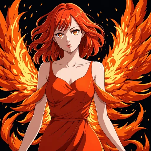 Prompt: anime style, fair skinned woman, in her 20's,  very beautiful, orange eyes, short red hair that resembles fire, big beautiful orange wings that resembles fire, kind expression, long beautiful red dress that resembles fire