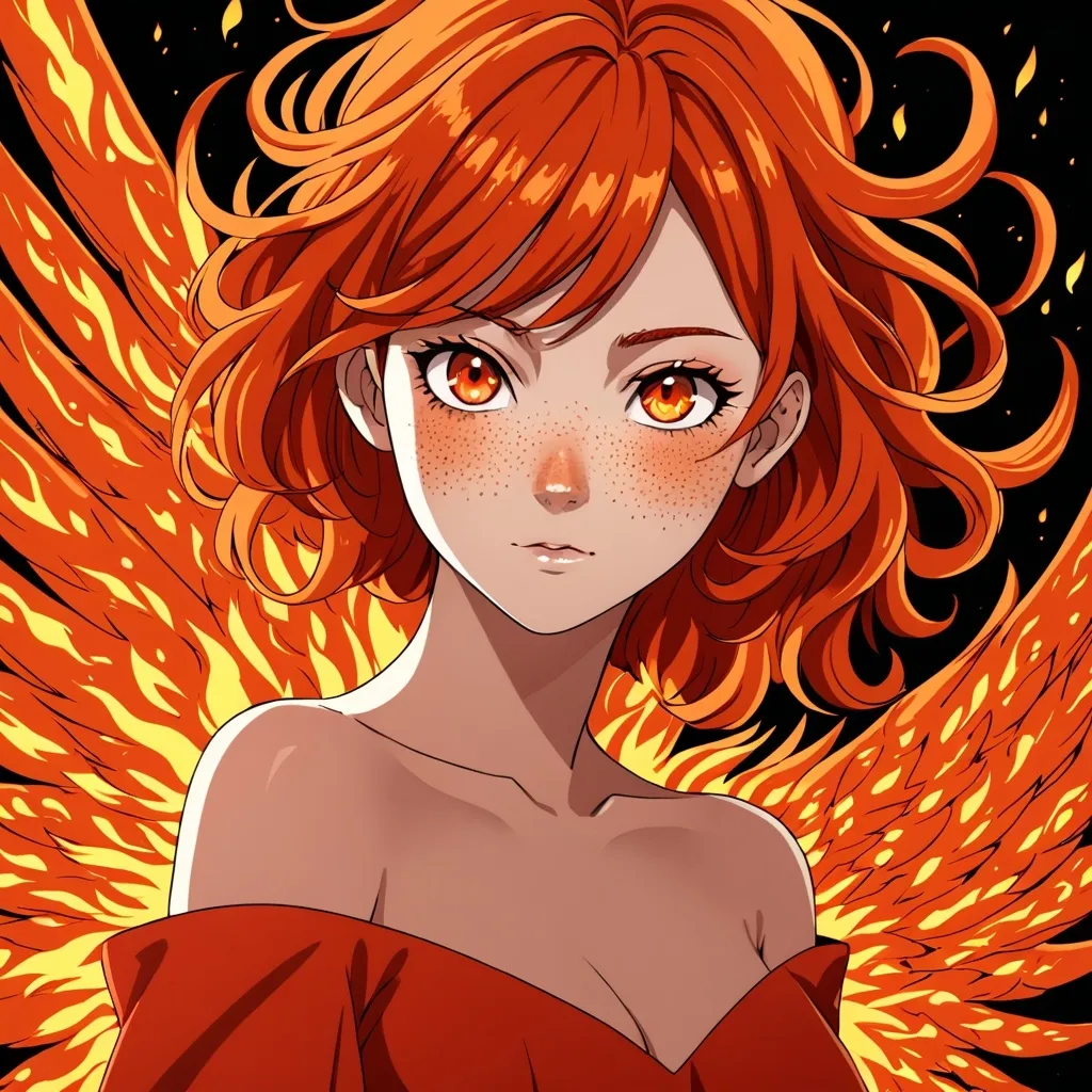 Prompt: anime style, fair skinned woman, in her 20's,  very beautiful, orange eyes, short red hair that resembles fire, big beautiful orange wings that resembles fire, kind expression, long beautiful red dress that resembles fire, freckles on her face