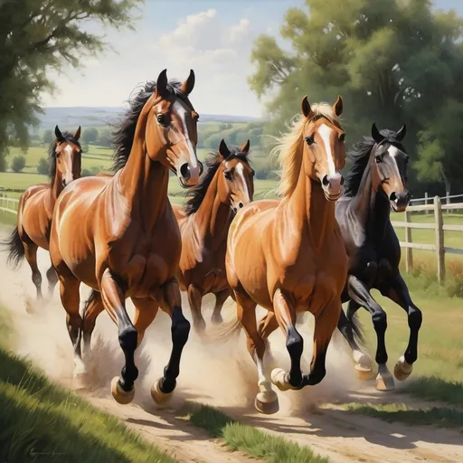 Prompt: Realism, horses galloping in the countryside, free, stable of horses, 