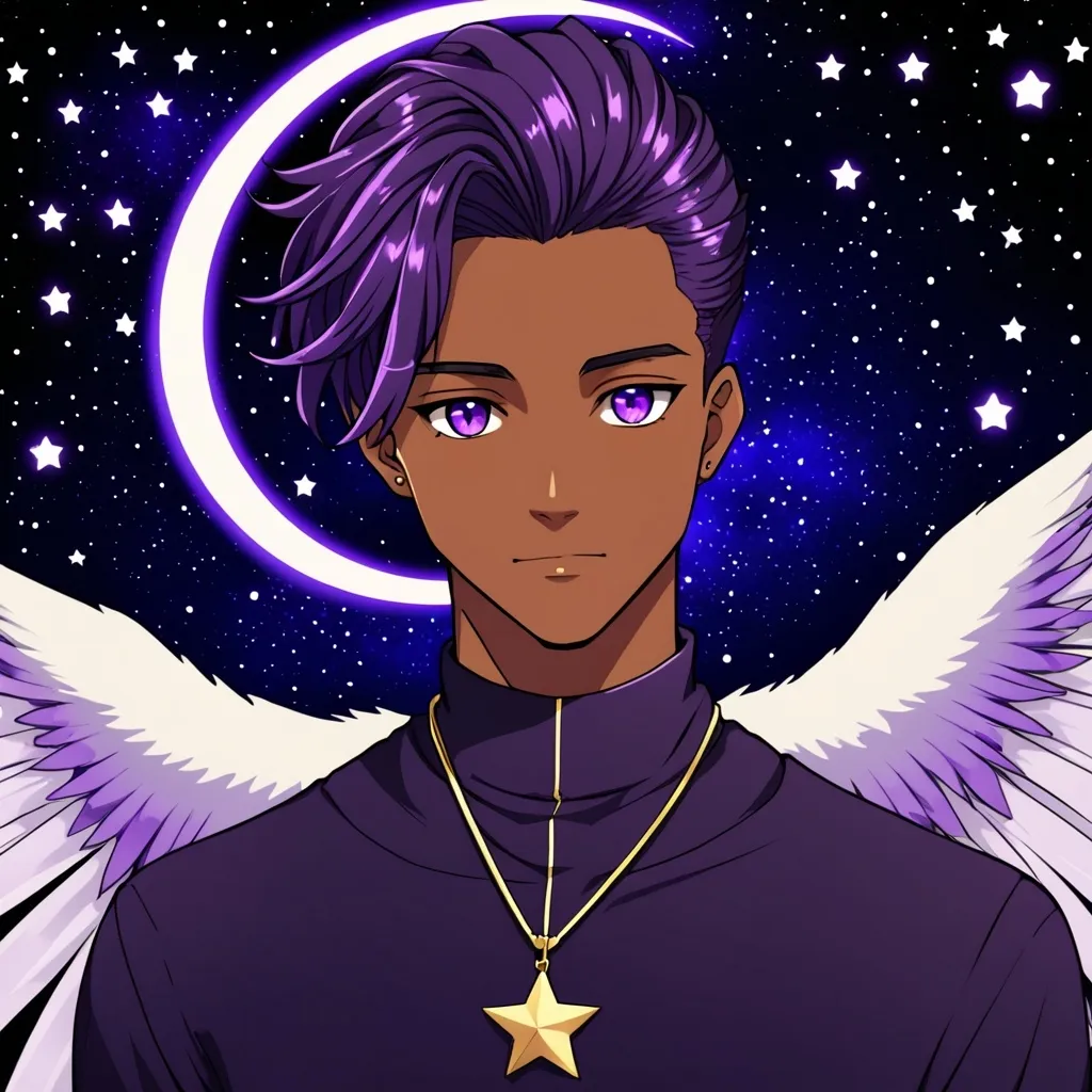 Prompt: anime style, medium dark skinned man, in his 20's, very handsome, dark purple eyes which appear to have stars in them, long very dark purple hair which appear to have stars  in them tied in a ponytail, big beautiful wings which are a beautiful mix of black and purple (looks sort of like space) which appear to have stars in them, a crescent moon shaped ornament in his hair which acts like a rubberband holding his ponytail, no beard