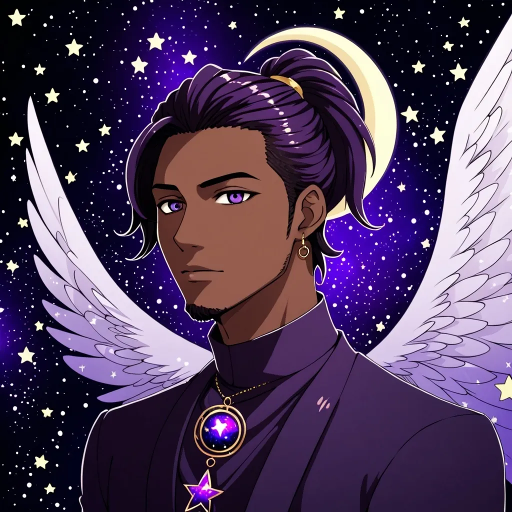 Prompt: anime style, medium dark skinned man, in his 20's, very handsome, dark purple eyes which appear to have stars in them, long very dark purple hair which appear to have stars  in them tied in a ponytail, big beautiful wings which are a beautiful mix of black and purple (looks sort of like space) which appear to have stars in them, a crescent moon shaped ornament in his hair which acts like a rubberband holding his ponytail, no beard