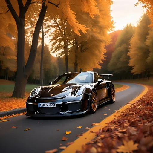 Prompt: Black Porsche 911 GT3 RS, (sleek and powerful), elegantly cruising on a winding road, surrounded by vibrant autumn foliage, golden and amber leaves, warm sunset hues bathing the scene in glowing light, (cinematic atmosphere), low-angle perspective, ultra-detailed, (dynamic composition) capturing the essence of freedom and adventure, serene yet exhilarating vibe, 4K resolution.