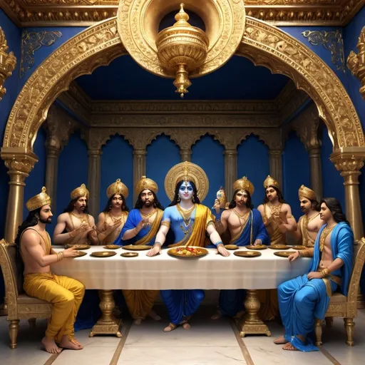 Prompt: Epic 3D rendering of the Mahabharatha's Last Supper, Lord Krishna at the center, Ashwathama on one side, Judhisthir and Arjun on the other, regal and majestic, divine aura, rich gold and royal blue tones, intricate traditional clothing, detailed facial expressions, grand and ornate setting, high quality, 3D rendering, majestic, regal, divine aura, royal tones, detailed faces, ornate setting