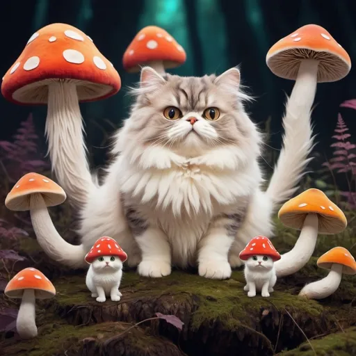 Prompt: Fluffy, animated mushroom cats with trippy backgrounds.