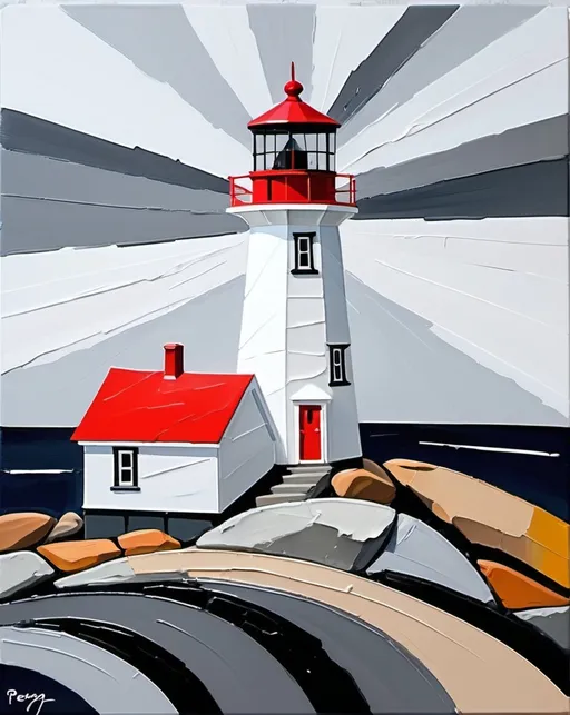 Prompt: (Grey tones with contrasting vibrant colors subtlety placed) peggy cove light house (abstract loose brush and pallete knife) abstract shapes, contrasting colors subtlety placed shapes, minimum, strokes, minumulist, nova scotia, rocky, loose painting