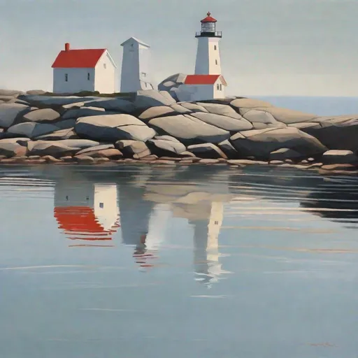 Prompt: Minimalist depiction of Peggy's Cove, lighthouse, rocky coastline of New Scotland, early morning calm sea, simple acrylic painting, minimalist lines, colors from NS landscape, serene, tranquil, high quality, minimalist, coastal, serene colors, early morning lighting