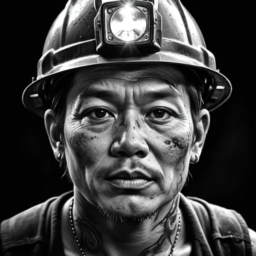 Prompt: Coal miner wearing a headlamp, Sumok Kim tattoo art style, black and white, highly detailed, realistic, intense expression, textured skin, dramatic lighting, professional, charcoal drawing, traditional art, portrait, monochrome, high contrast