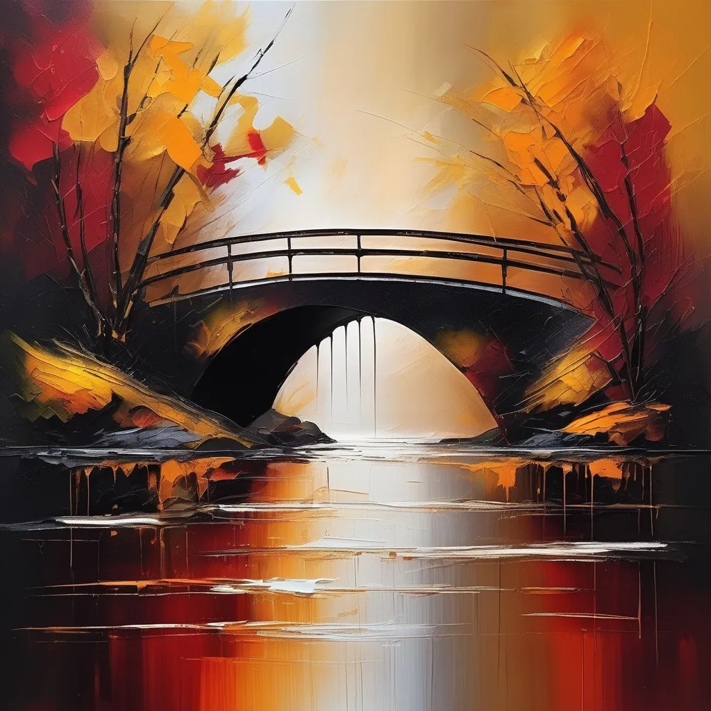 Prompt: (abstract art), landscape bridge across a bason, warm color scheme, bold color contrasts, dynamic brush strokes, minimal palette, textured layers, high depth, moody atmosphere, serene vibes, dramatic interplay of light and shadow, ultra-detailed, captivating composition, modern artistic interpretation.