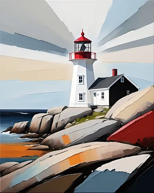 Prompt: (Muted tones with contrasting vibrant colors subtlety placed) peggy cove light house (abstract loose brush and pallete knife) abstract shapes, contrasting colors subtlety placed shapes, minimum, strokes, minumulist, nova scotia, rocky, loose painting