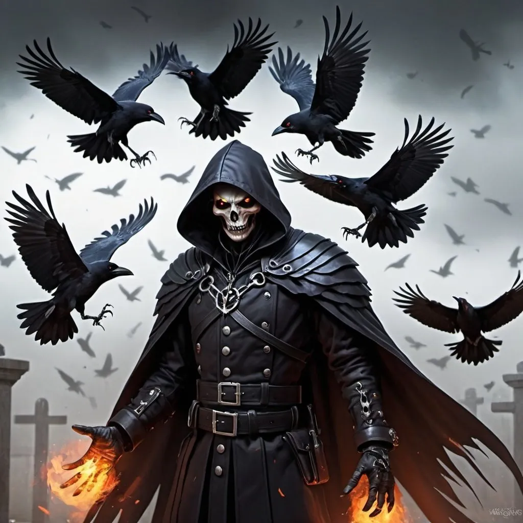 Prompt: A vengeful doing vengeance with the crows magic.