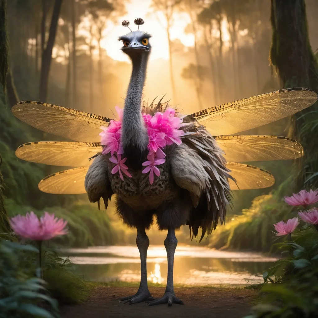 Prompt: An emu with two giant dragonfly wings protruding from the emu's back. The emu is also wearing a pink fairy gown. The background is a lush green forest glen, backlit by a golden sunset