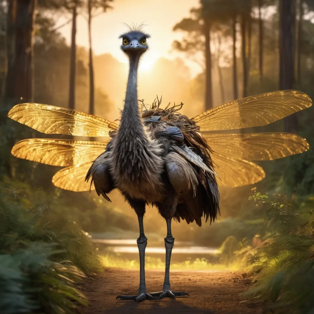 Prompt: An emu with giant dragonfly wings protruding from the emu's back. The background is a lush green forest glen, backlit by a golden sunset and flying fairies