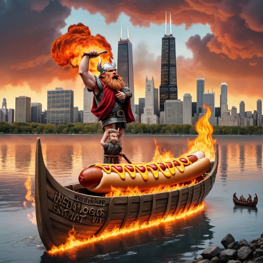 Prompt: A Viking funeral for one large hot dog in a flaming long boat, launched into the lake with Chicago skyline in the background. In the foreground, crying Vikings watch sadly from the shore.  In the sky, clouds form the words "NEVER KETCHUP"