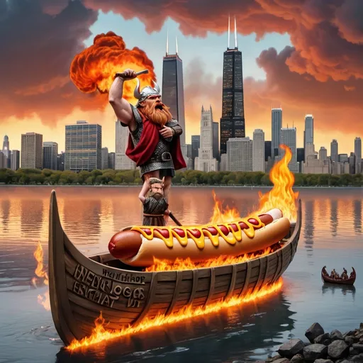 Prompt: A Viking funeral for one large hot dog in a flaming long boat, launched into the lake with Chicago skyline in the background. In the foreground, crying Vikings watch sadly from the shore.  In the sky, clouds form the words "NEVER KETCHUP"