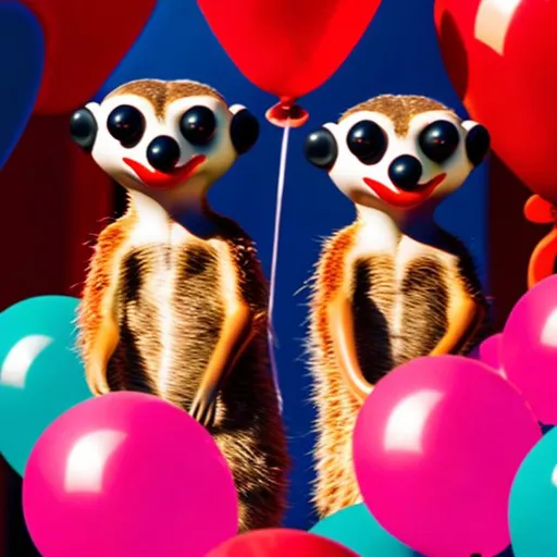 Prompt: Meerkats with red clown noses holding balloons
