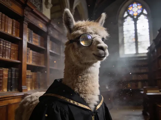 Prompt: a photorealistic oxford llama, wearing an academic robe and a monocle. In the background, an Oxford library hazy with moody lighting and dust.