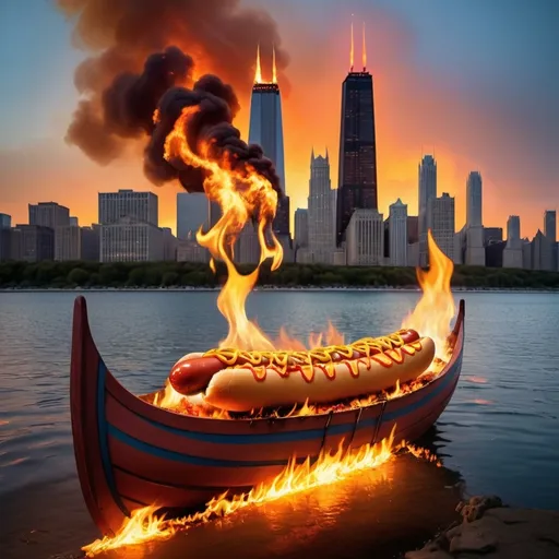 Prompt: A Viking funeral for one large hot dog in a flaming long boat, launched into Lake Michigan, with the Chicago skyline in the background. Crying Vikings watch sadly from the shore.