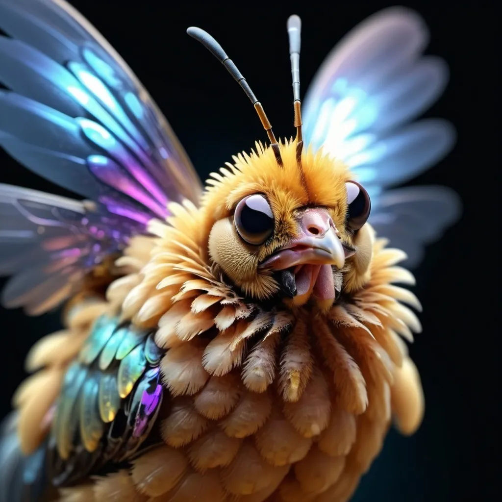 Prompt: (photorealistic animal with the head of a chicken, the body of a honeybee, and feathered insect wings) dreamlike atmosphere, high-contrast lighting, abstract background with hexagonal glowing textures, ultra-detailed wings with iridescent hues, HD, 4K quality