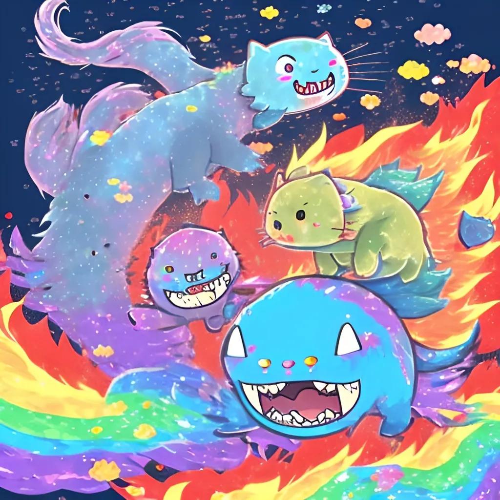 Prompt: the joyful hybrid children of a coelacanth and a nyancat, cheering with rainbow-fire spewing from their tails