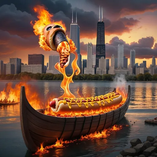 Prompt: A Viking funeral for one large hot dog in a flaming long boat, launched into the lake with Chicago skyline in the background. In the foreground, crying Vikings watch sadly from the shore.  In the sky, clouds form the words "NEVER KETCHUP"