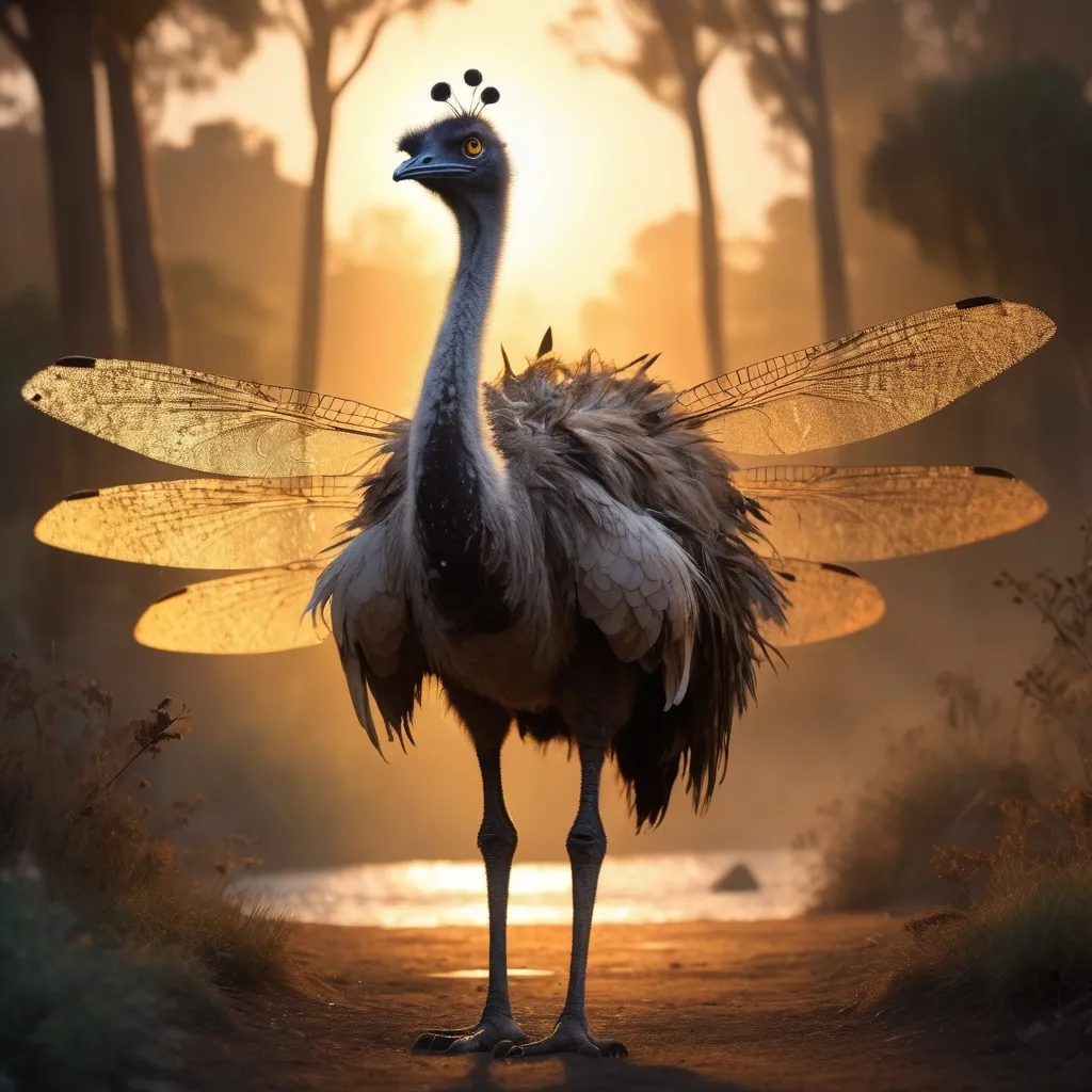 Prompt: An emu with two giant dragonfly wings protruding from the emu's back. The background is a haze of glowing magic fairies, and backlit by a golden sunset.