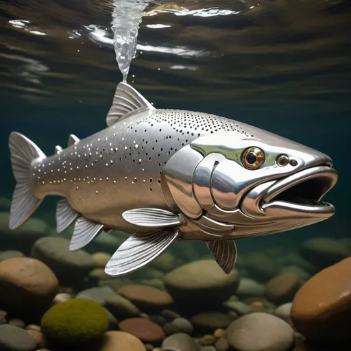 Prompt: Create a steam-punk style steelhead trout swimming past me.  The fish should be covered with steel scales and bolted armor on the head.  Platinum color.  