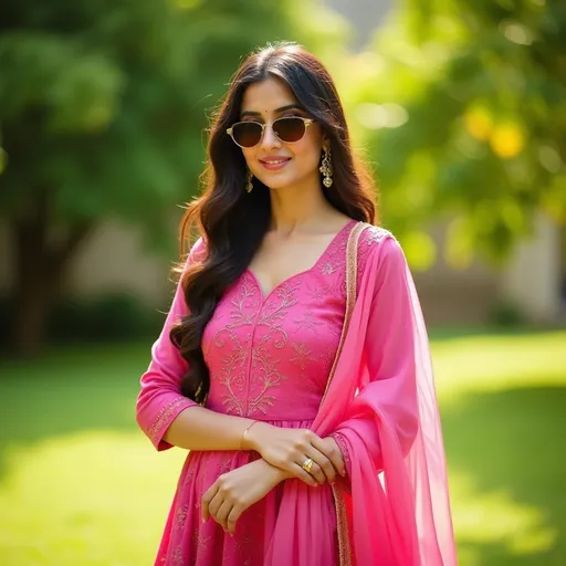 Prompt: Against a backdrop of lush greenery, a young woman stands gracefully, exuding a confident elegance. Dressed in a vibrant pink traditional outfit complemented by a flowing pink dupatta draped over her arm, she captures attention with her stylish sunglasses and subtle smile. The scene is set outdoors, bathed in warm sunlight that enhances the rich colors of her attire and the vividness of the surrounding lawn. Her relaxed stance and the natural elements around her create a serene yet lively atmosphere, suggesting a moment of leisure and joy in a beautiful garden setting.