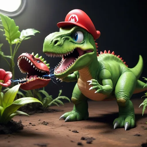 Prompt: realistic dinosaur fighting mario venus fly trap


