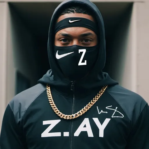 Prompt: A guy with ski mask and a gun and nike tech suit and a chain that says "Zay" on it