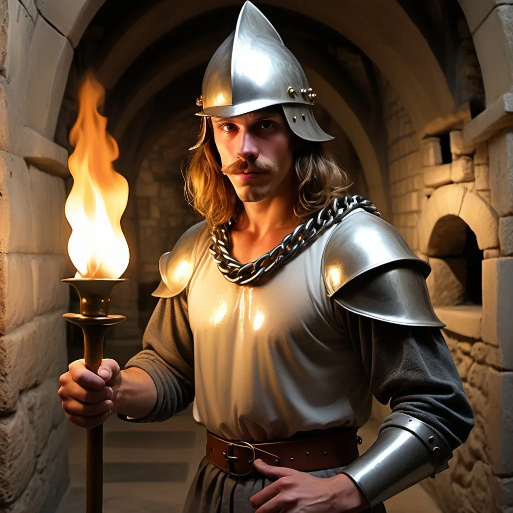 Prompt: goofy, mid 20's, medieval guard, high fantasy, surfer dude. , chain shirt , Italian Renaissance helmet,  in a torchlit stone room, unhygienic