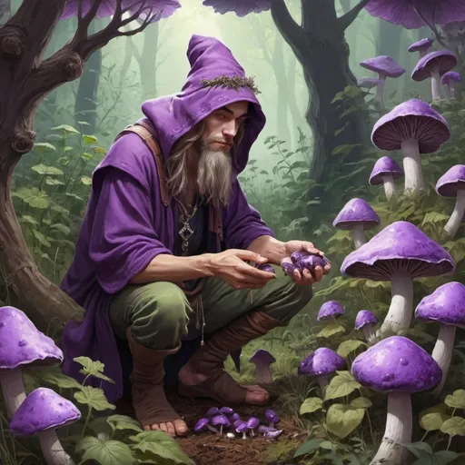 Prompt: High fantasy illustration. Human male stoner. Dressed as a druid. picking purple mushrooms from a garden

