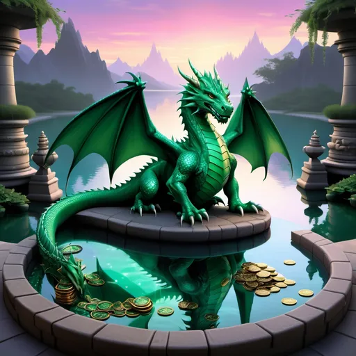 Prompt: Imagine a serene scene in a high fantasy realm featuring a majestic green dragon. The dragon, with shimmering emerald scales and piercing eyes, sits gracefully behind a large mystic pool that reflects the colors of the twilight sky. Surrounding the pool are stacks of tiny, glittering coins, each one intricately designed with ancient symbols and runes. The air is filled with a soft, magical glow, and wisps of mist rise from the water’s surface.

In the background, lush, enchanted forest frames the scene,  Capture the dragon’s sinister demeanor and the allure of the shimmering coins, hinting at stories of wealth and magic hidden within this enchanting landscape.