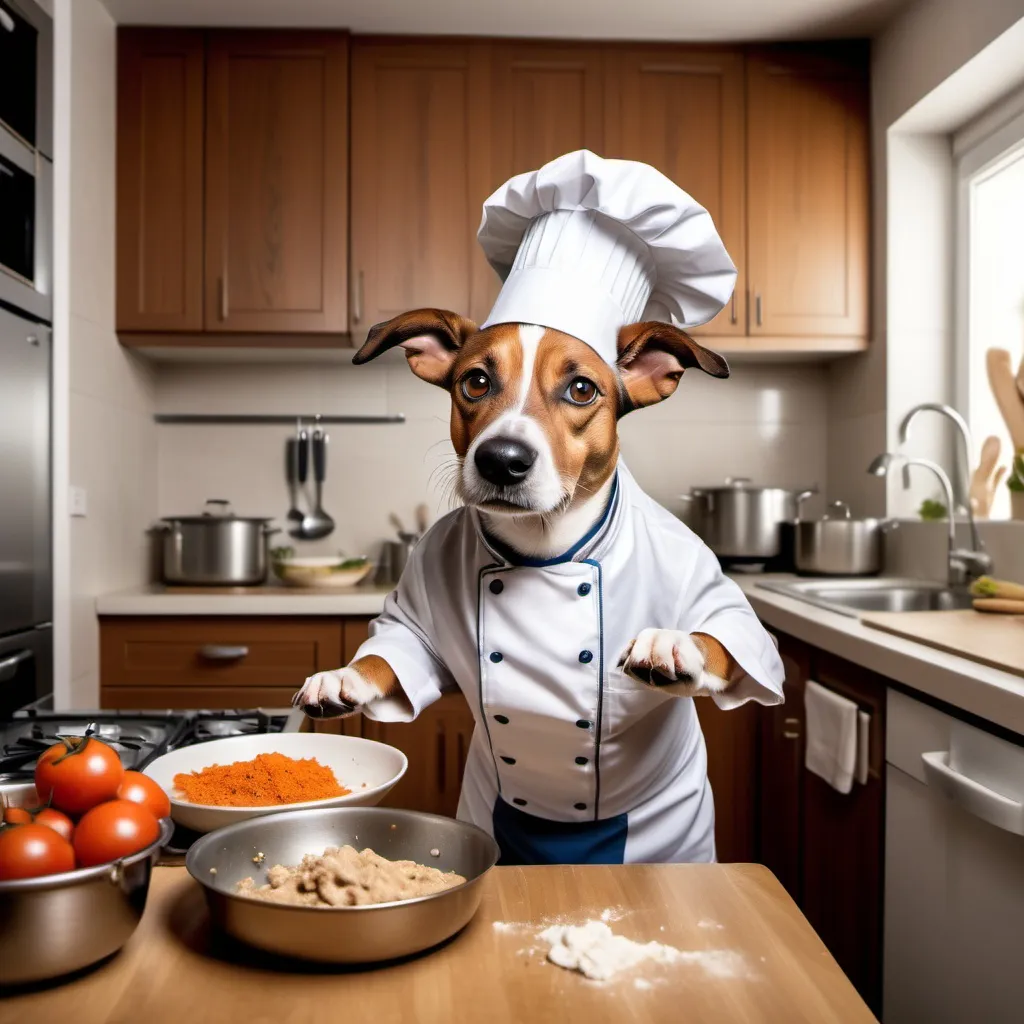 Prompt: A dog wearing chefs outfit and he is in a small kitchen all around there are mess ups in the kitchen he is playing with the food and all his family members waiting in the dining table for food (the humans) and the dog is cooking  family on the other side of the room waiting for the food to get ready