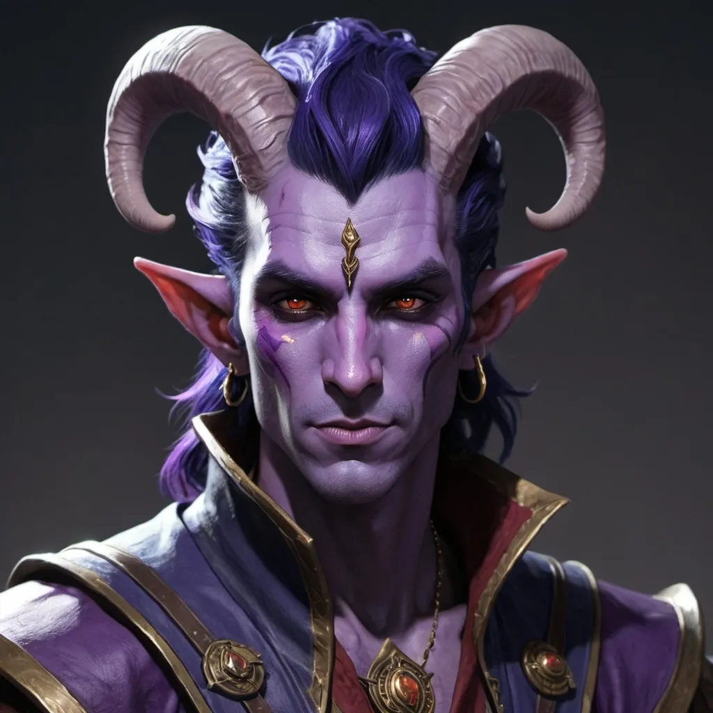 Prompt: A male tiefling sorcerer with purple skin and dark blue hair