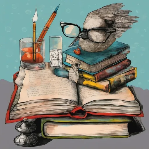 Prompt: books with glases and quill pen and inkwell