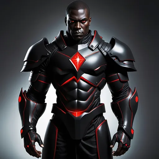 Prompt: Create a dark, and imposing black male antagonist,  He should have a powerful and commanding presence, wearing sleek, high-tech black armor with glowing red accents. His face should be stern, with a deep scowl or intense gaze, reflecting both strength and inner conflict. Beside him, depict his wife, a fierce and equally powerful female version of him. She wears similar black armor with red accents but more streamlined, with feminine details. Her expression is strong, and she holds a matching energy weapon, mirroring his power. They should stand together