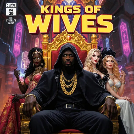 Prompt: Create a dynamic comic book cover featuring a young Black male protagonist, standing confidently in the center,on a kings throne  surrounded by his diverse group of wives of all races.  The character is in his early  40s  but looks 30 , with short hair and a goatee, wearing all black futuristic or modern hooded cloak big gold chains like a rapper with a hip hop superhero-like aura but still. Each wife represents a unique style and background: one is dressed in a regal, African-inspired gown with intricate patterns, another in sleek, high-tech armor with glowing accents, another in a flowing gown reminiscent of a fantasy princess, and another in casual, modern fashion. The background is a vibrant cityscape or futuristic environment, with glowing neon lights, adding an epic feel. The title of the comic is bold and eye-catching at the top, and each wife poses in a way that shows off their unique personalities and relationship to the main character