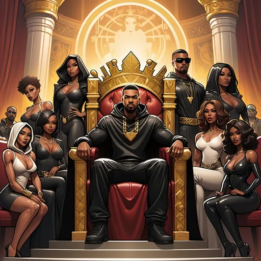 Prompt: Create a dynamic comic book cover featuring a young Black male protagonist, standing confidently in the center,on a kings throne  surrounded by his diverse group of wives of all races.  The character is in his early  40s  but looks 30 , with short hair and a goatee, wearing all black futuristic or modern hooded cloak big gold chains like a rapper with a hip hop superhero-like aura but still. Each wife represents a unique style and background: one is dressed in a regal, African-inspired gown with intricate patterns, another in sleek, high-tech armor with glowing accents, another in a flowing gown reminiscent of a fantasy princess, and another in casual, modern fashion. The background is a vibrant cityscape or futuristic environment, with glowing neon lights, adding an epic feel. The title of the comic is bold and eye-catching at the top, and each wife poses in a way that shows off their unique personalities and relationship to the main character