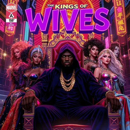 Prompt: Create a dynamic comic book cover featuring a young Black male protagonist, standing confidently in the center,on a kings throne  surrounded by his diverse group of wives of all races.  The character is in his early  40s  but looks 30 , with short hair and a goatee, wearing all black futuristic or modern hooded cloak big gold chains like a rapper with a hip hop superhero-like aura but still. Each wife represents a unique style and background: one is dressed in a regal, African-inspired gown with intricate patterns, another in sleek, high-tech armor with glowing accents, another in a flowing gown reminiscent of a fantasy princess, and another in casual, modern fashion. The background is a vibrant cityscape or futuristic environment, with glowing neon lights, adding an epic feel. The title of the comic is bold and eye-catching at the top, and each wife poses in a way that shows off their unique personalities and relationship to the main character