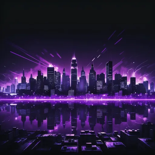 Prompt: A banner design featuring a nighttime metropolis with a dark, moody atmosphere. The city skyline is illuminated with purple and white lights, creating a vibrant contrast against a black sky. Dont exagerate Purple, include blue or otres you consider. The style should have an underground, gritty feel with subtle graffiti or glitch effects in the background. Create in 16:9