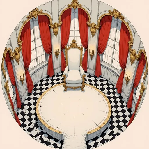 Prompt: The hand drawing game location, illustration, empty round Royal Hall in perspective, There is a white royal throne in the center, narrow windows to the ceiling, floor-length curtains, red and white, white ceiling, floor chandeliers on the walls, mirrors in antique frames, parquet floor in black and white checkerboard pattern, top-down view from left to right, strange diffused lighting, light colour palette, soft diffused light, no human, no doors
