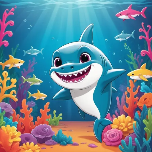 Prompt: Create an illustration of a, cartoon-style baby shark in a vibrant, playful setting. The overall style should be colorful, warm, and inviting, suitable for a children's coloring page.