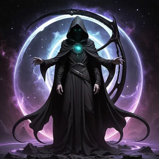 Prompt: Universe background,  gap in reality,  darck  energy flows, Lovecraft, void mage, 
mantle something greatness, dynamic pose

hood faceless Disturbed
darck 
scythe black hole
sexless

