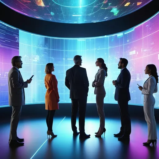 Prompt: group of scientist talking to digital world, seen from behind, long shoot, digital art, vibrant and dynamic, futuristic holographic display, realistic human features, high-tech materials, vibrant colors, futuristic, digital art, holographic, AI-powered, dynamic, human-like figure, high resolution, professional, vibrant lighting