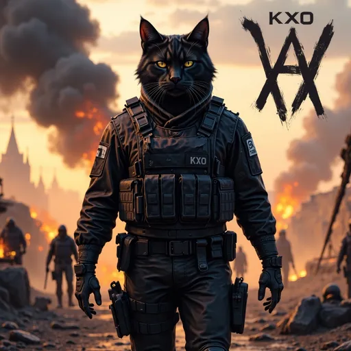 Prompt:  @MFclfltNUvwYjDWvAtBG is leaving a battlefield. I want kxo in the background above him in bold. Make the background more visible. I also want kxo on his chest