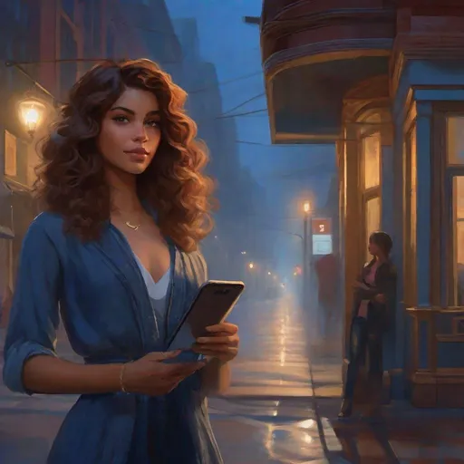 Prompt: Third person, gameplay, American girl, freckles, curly brown hair, hazel eyes, 2020s, smartphone, streets of Atlanta at night, fog, blue atmosphere, cartoony style, extremely detailed painting by Greg Rutkowski and by Henry Justice Ford and by Steve Henderson 


